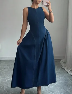 Vestido de mezclilla con cuello redondo, sin mangas, espalda descubierta y acampanado, de moda para el verano para mujeres M - Shein - FashionsVida
