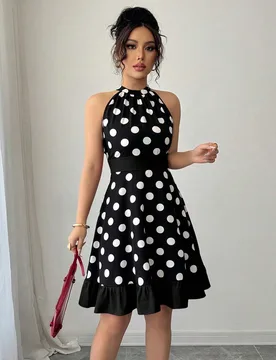 Vestido corto elegante de mujer con estampado de lunares, escote halter, para el verano S - Shein - FashionsVida