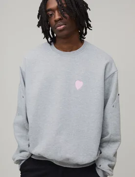 Mens Oversized Boxy Embroidered Heart Panelled Sweatshirt - Grey Cotton - Size Medium - boohooMAN - FashionsVida