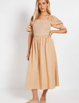 Women's Contrast Stitch Shirred Bodice Puff Sleeve Midi Dress in Stone Size: 10 - Stone - Size: 10 - Dorothy perkins - FashionsVida