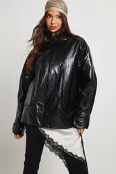 Womens Teddy Lined Faux Leather Bomber Jacket - Black - Size 12 Uk