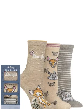 Women's 3 Pair Disney Classics Bambi Gift Boxed Cotton Socks Multi 4-8 - Multi Coloured - Size: Small - SockShop - FashionsVida