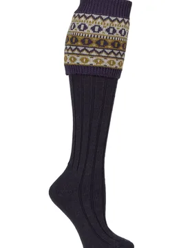 Pair Navy UK Made Fairisle Merino Wool Shooting Knee High Socks Ladies 4-7 Ladies - - Blue - Size: Small - HJ Hall - FashionsVida