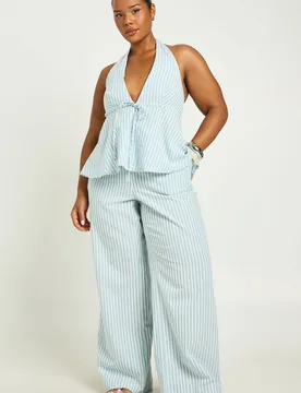 Womens Plus Stripe Elasticated Wiast Wide Leg Trouser - Blue - Size 18 Uk - Boohoo - FashionsVida