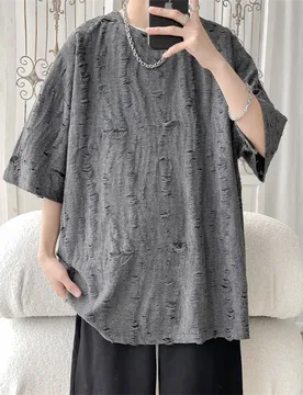 Summer Chic Fashion Casual Holes Short Sleeve T-Shirts For Men Clothing 2023 O-Neck Loose Casual Tee Shirt Homme Streetwear - Aliexpress - FashionsVida