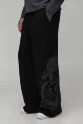 Herren Tall Extreme Wide Leg Drachen-Grafik Jogginghose Black Größe XL