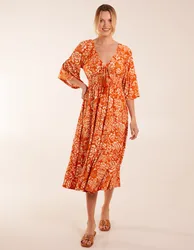 Elasticated V Neck Midi Dress With Tie Up Neck - S / ORANGE - female