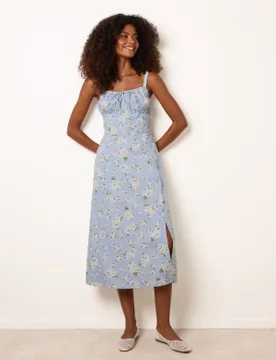 Midi Milkmaid Floral Dress - L / BLUE - female - Blue Vanilla - FashionsVida