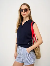 Pure Cotton Collared Knitted Vest Navy female