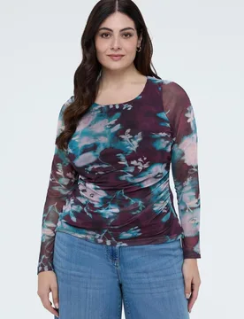 Camiseta de mujer de tul con estampado floral drapeado - Fiorella Rubino - FashionsVida