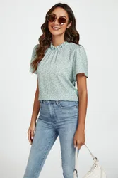 Women's Grey Little Floral Print Angle Sleeve High Neck Top/Blouse In Blue Size: XS - Blue - Size: XS
