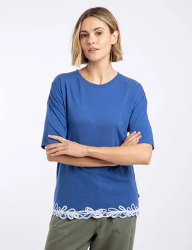 Women's Lyndon Lace Trim Crew Neck T-Shirt in Blue Size: 20 - Blue - Size: 20 - Weird Fish - FashionsVida