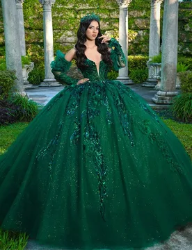 Emerald Green Shiny Quinceanera Dresses Ball Gown Off Shoulder Applique Lace Beads Tull Corset Sweet 16 Dress Vestidos 15 De - Aliexpress - FashionsVida