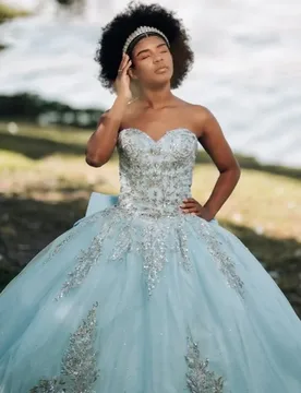 Light Blue Quinceanera Dresses off-shoulder Glitter Decal Long tail Bow Vestido De 15 Quinceanera Customize - Aliexpress - FashionsVida
