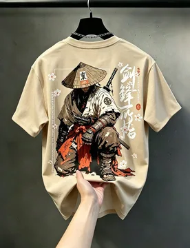 Camiseta con estampado de sombrero de samurái Ukiyo-E japonés, caqui vintage de peso pesado, hombros caídos, casual de manga corta 6XL - Shein - FashionsVida