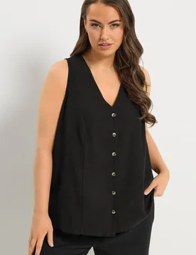 Women's Woven Linen Waistcoat in Black Size: 18 - Black - Size: 18 - Yours - FashionsVida
