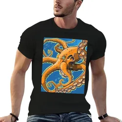 Tangerine Octopus on Blue Background T-Shirt cotton t shirts high quality cotton t shirt pack funny t shirts man T-shirt