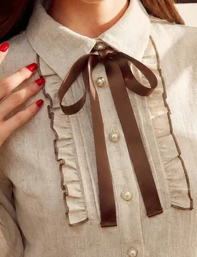 Blusa elegante vintage con cuello de corbata para ir al trabajo, con ribete de contraste, lazo y botones, blusa casual para trabajo, vacaciones, otoñ - Shein - FashionsVida