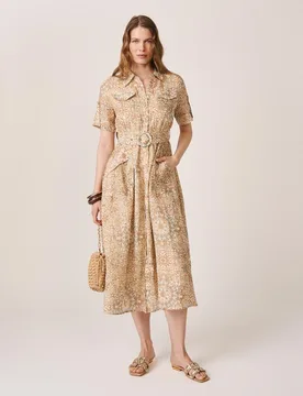 Vestido midi con estampado mosaico y manga corta camisera - Alma en Pena - FashionsVida