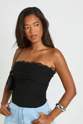 Womens Lace Trim Ruched Bust Corset Top - Black - Size 12 Uk