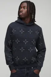 Herren Boxy Washed All Over Strass Hoodie Sweatshirt Charcoal Größe Small