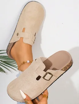 Sandalias planas casuales con hebilla para mujer verano 2026, sandalias planas tipo slip-on holgadas, chanclas de ante con punta cerrada y suela grues - Shein - FashionsVida