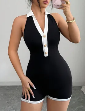 Mono elegante y sexy para mujer con contraste de color negro y blanco, escote en V profundo, espalda descubierta, ajuste ceñido, estilo bohemio, para - Shein - FashionsVida