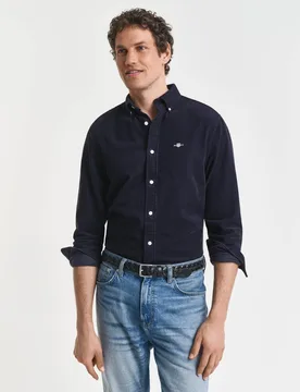 Mens Regular Fit Long Sleeve Logo Detail Shirt In Navy Cotton - Size X-Large - Gant - FashionsVida
