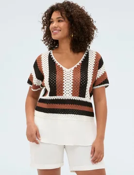 Jersey de mujer calado a rayas mezcla dos tejidos diferentes para un diseño boho chic - Fiorella Rubino - FashionsVida