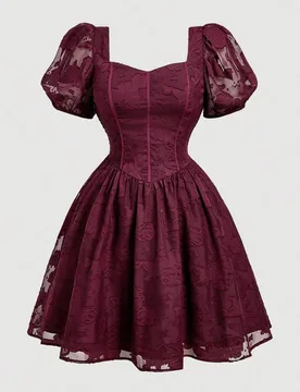 Vestido corto de manga abullonada color borgoña talla grande, estilo vintage de corte, atuendo para fiesta, atuendo para fiesta de vacaciones, atuend - Shein - FashionsVida