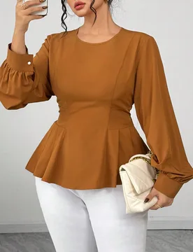 Blusa de manga larga con cuello redondo y drapeado para mujer de talla grande 0XL - Shein - FashionsVida