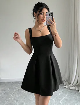 Vestido de vacaciones corto, unicolor, con cintura baja y estilo casual de verano para mujer S - Shein - FashionsVida