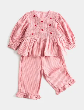 Piece Pure Cotton Heart Stripe Outfit (0-5 Yrs) Red Female - M&S - FashionsVida