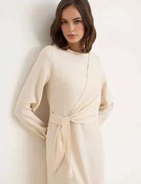 Women's Linen Look Long Sleeve Maxi Dress with Waist Tie Detail in Ecru Size: 14 - Ecru - Size: 14 - HOXTON GAL - FashionsVida
