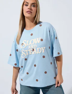 Women's 'Slow & Steady' Polka Dot T-Shirt in Blue Size: 10 - Blue - Size: 10 - Yours - FashionsVida