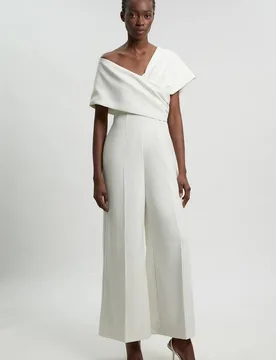 Women's Compact Viscose Stretch Tailored Off-Shoulder Jumpsuit in Ivory Size: 8 - Ivory - Size: 8 - Karen millen - FashionsVida