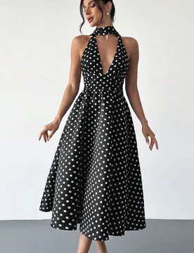 Vestido midi de mujer estilo francés vintage de los años 60 y 70, a lunares blanco y negro, con escote en V, espalda descubierta y cintura alta, ele - Shein - FashionsVida