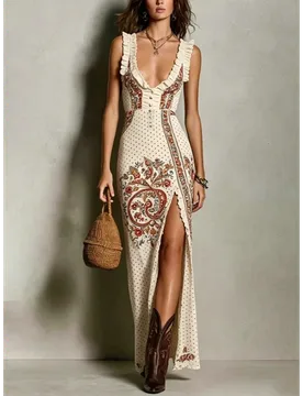 A Stunning Vintage Printed Dress with A Deep V-neck and Irregular SlitAvailable in Multiple Colors Perfect for Outdoor Sparkling - Aliexpress - FashionsVida