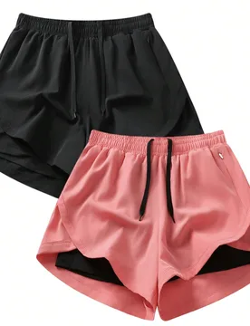 Piezas/Set (2-en-1) Pantalones cortos deportivos para mujer Mezcla de poliéster y spandex de secado rápido Transpirable, ligero Cintura ajustable co - Shein - FashionsVida
