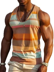 Rainbow striped 3D printed fashionable men's round neck casual vest, summer fashion simple sleeveless vest, breathable men's top