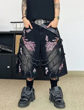 Pantalones cortos vaqueros casuales de verano con diseño de bordado y deshilachado, de pierna recta y holgados, de estilo vintage y urbano, versátil - Shein - FashionsVida