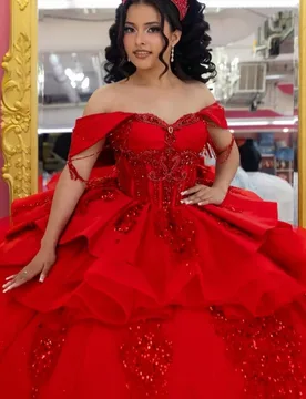 Red Quinceanera Dress off-shoulder Crystal Glitter Decal Lace Layering Long tail vestidos de 15 Quinceanera ﻿Customize - Aliexpress - FashionsVida