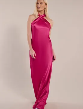 Roma Dress in Hot Pink Satin — Halterneck Maxi Bridesmaid Dress - 8 - Rewritten - FashionsVida