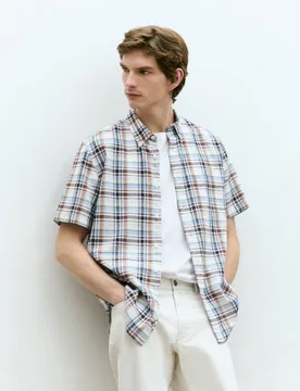 Camisa de manga corta de lino algodón de cuadros - Dustin - FashionsVida