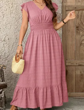 Vestido largo de mujer talla grande con tela texturizada y bajo fluido, atuendo formal de verano para graduación y vacaciones, 4 de julio, rosa, esti - Shein - FashionsVida