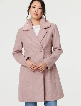Women's Fur Trim Double Breasted Longline Coat in Pink Size: 12 - Pink - Size: 12 - Izabel London - FashionsVida