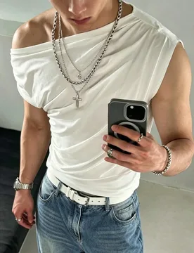 Camiseta casual de unicolor con cuello asimétrico para hombre XL - Shein - FashionsVida