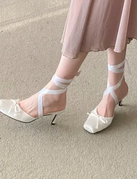 Women's Square Toe Satin Bow Decor Wrap Ankle Strap Slip‑On Stiletto Heel Mule Pumps, Sweet Balletcore Romantic Footwear, Drop - Aliexpress - FashionsVida