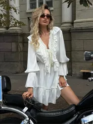 Party Dresses For Woman Long Sleeves Solid Color Evening Dress V-link Leace-up Vestidos Slim Elegant Temperament Simple Style