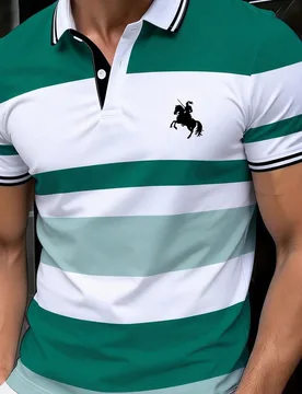Camisa Polo Casual de Verano para Hombres, Tamaño Estándar, Estampado de Rayas Multicolor, Serie Verde & Blanco, Estampado de Pony, Estilo Casual de - Shein - FashionsVida